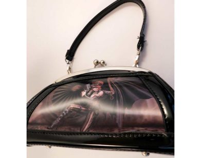 This small black vinyl handbag comes with a hand strap - shown in this image