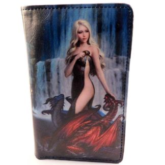 James Ryman designed wallet showing a nymph with long blonde hair petting a red baby dragon with another baby behind her, all backdropped with a waterfall
