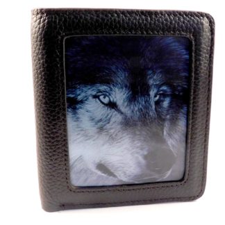 A brown wallet with a 3d lenticular picture of a wolf staring intently at the observer - the wolf is grey and black