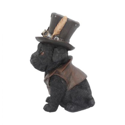 A side view of the puppy showing the brown feather in his top hat and brown waistcoat