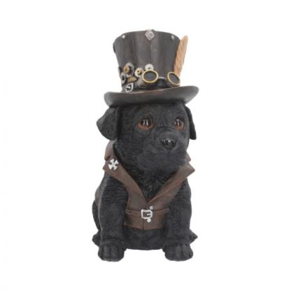A little black puppy wearing a brown waistcoat and sporting a top hat with goggles