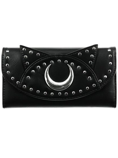 A long black wallet with a half moon and studs in silver metal. There is cat ears that extend slightly above the purse edge.