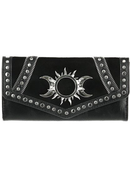 The front of the triple goddess wallet features a sun burst design in metal with half moons either side. It has metal rivets detailing the shape of the front fold.