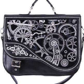 Black satchel with top handle. The outside flap has cog details embroidered and a buckle hiding a magnet snap closure