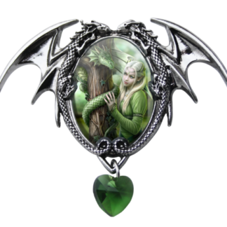 Two silver dragons encase the image of a green dragon and green clad elf maiden both hugging a tree