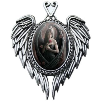 Angel Rose Cameo necklace - silver wings encase an image of an angel with dark wings cupping a red rose