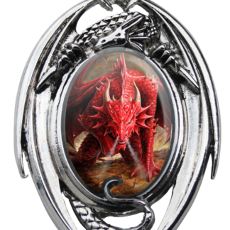 A fierce red dragon image is set within a silver stylised dragon pendant, the wings of which create the oval shape