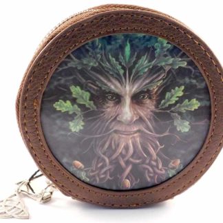 A brown round coin purse inset with a 3D holographic green man - leafy branches come out from his head, curled roots from his chin with acorns down the bottom