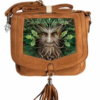 A brown suede-like handbag inset with a 3D holographic green man - leafy branches come out from his head, curled roots from his chin with acorns down the bottom.