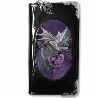 A long wallet made from black shiny PVC with silver detailing - the central 3D image is a roaring white dragon perched on, and surrounded by, purple roses