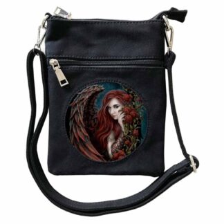 A black shoulder bag inset with a 3d image of a fallen angel with red hair and red wings peeking out from behind a bower of red roses