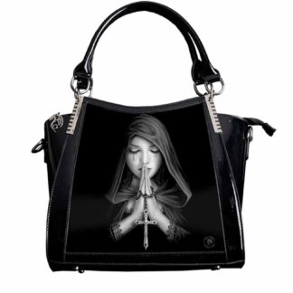 This shiny PVC handbag has a 3D depiction of the Anne Stokes artwork Gothic Prayer - a lady in a hood clasps her hands together in prayer holding a cross