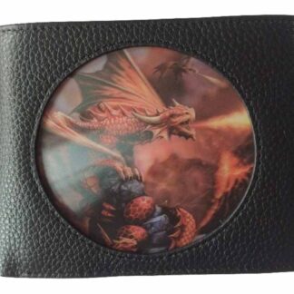 A wallet with a circular panel inserted in the PU leather on the front showing a 3D red firebreathing dragon perched on a rocky nest