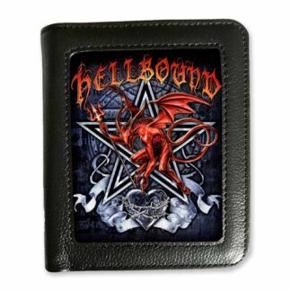 The front of the wallet has a square inset image of a red demon holding a pitchford against a silver pentagram and the word Hellbound in red and orange across the top