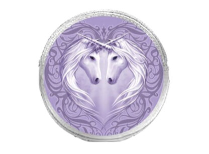 Two unicorns with crossed horns looking into eachother's eyes creating a love heart with their shapes - the image is purple against the silver material of the round coin purse