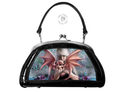 A small evening bag in shiny PVC with handle, triangular in shape the main 3d image is a blonde lady holding a orange and red baby dragon