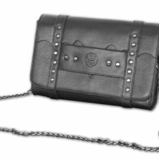 A black handbag with two lines of gun metal rivets down either side and a central panel with 4 rivets either side of the embossed Spiral logo