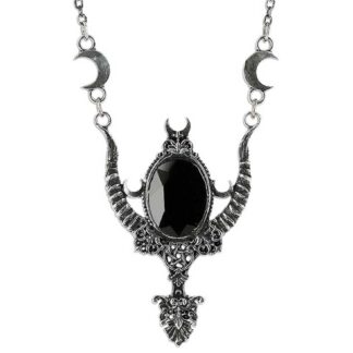This necklace has a central faceted black jewel surrounded by crescent moons. Devil horns stretch either side to join the main chain. At the bottom is an upright pentagram and floral ornamentation