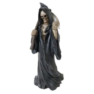 This charming skeletal fellow raises a middle finger salute to the viewer. He's clad in a black flowing cape with the hood over his head. His sythe is slung over his shoulder.