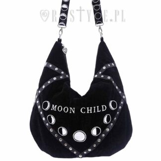 The moon child sack handbag has the words moon child embroidered across the front - beneath are the phases of the moon - all embroidered in white. The bag is black velvet.