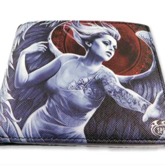 The front of the wallet features a blue angel against a red background reaching out - her arm is covered with skull tattos and there are blood tears in her eyes