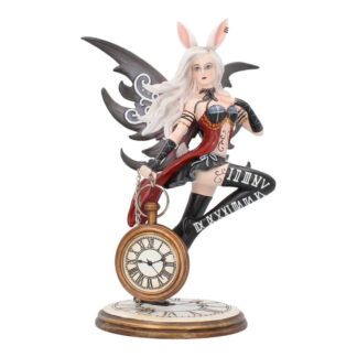 A white haired fairy with bunny ears looks to be in motion as she grasps a fob watch in one hand