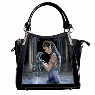 This shiny black PVC handbag features an elven maiden gazing into the eyes of a blue baby dragon that she's holding in her hands. She's hip deep in a pool of water and is clad in a blue dress with a golden swirly armband