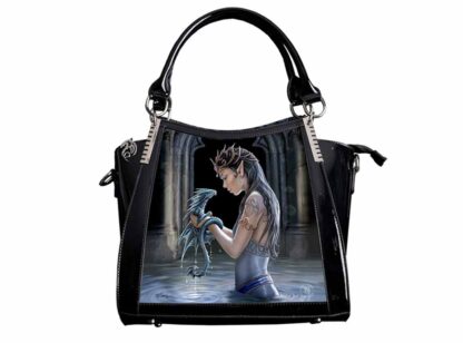 This shiny black PVC handbag features an elven maiden gazing into the eyes of a blue baby dragon that she's holding in her hands. She's hip deep in a pool of water and is clad in a blue dress with a golden swirly armband