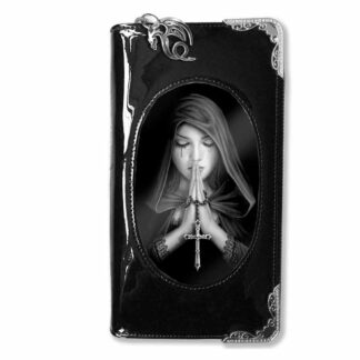 This shiny black PVC purse has a 3D depiction of the Anne Stokes artwork Gothic Prayer - a lady in a hood clasps her hands together in prayer holding a cross