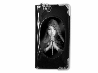 This shiny black PVC purse has a 3D depiction of the Anne Stokes artwork Gothic Prayer - a lady in a hood clasps her hands together in prayer holding a cross