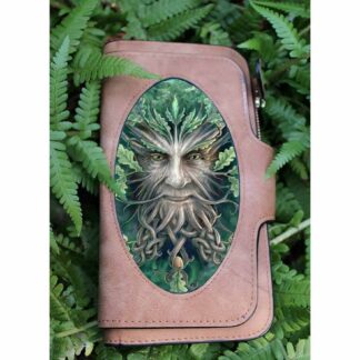 The front of the long brown purse has a 3d image of a green man, oak leaves surround his face, his whiskers are tree roots