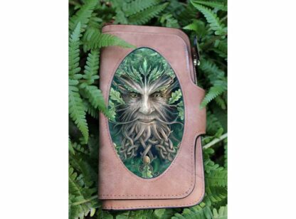 The front of the long brown purse has a 3d image of a green man, oak leaves surround his face, his whiskers are tree roots