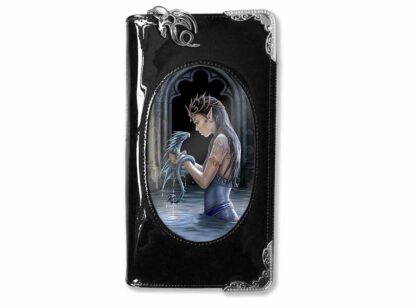This shiny black PVC purse features an elven maiden gazing into the eyes of a blue baby dragon that she's holding in her hands. She's hip deep in a pool of water and is clad in a blue dress with a golden swirly armband