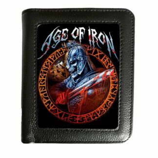 This rectangular black wallet is inset with a 3d image of a skeleton knight holding a bloody sword, surrounded by a circle of red runes and the words age of iron inscribed above him