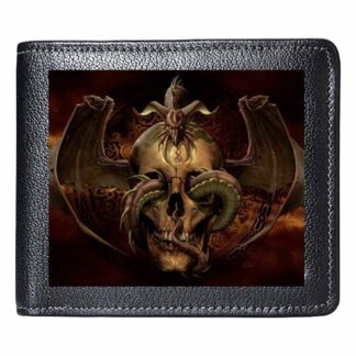 A small rectangular wallet with a 3d decorated front flap. A dragon sits on top of a skull - wings stretched either side and its tail is wound in and out of the eye sockets.