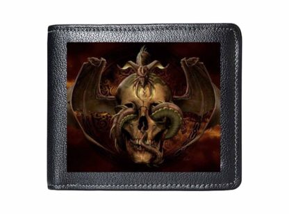 A small rectangular wallet with a 3d decorated front flap. A dragon sits on top of a skull - wings stretched either side and its tail is wound in and out of the eye sockets.