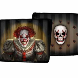 The front and back of the wallet - the front has a grinning clown with bright red nose, white face paint and crazy red hair, the back is a white skull with red clown make up surrounded by embossed stars