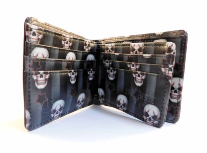 Inside the wallet there is a flap - on the left side of the flap there is 6 card slots - it is decorated with a repeating pattern of a white skull with red clown makeup