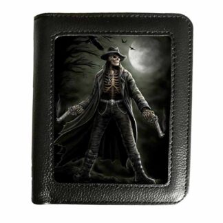 This rectangular black wallet is inset with a 3d image of a skeleton gunslinger, guns in both hands, a black leather duster coat blowing in the wind behind him, full moon and circling crows above him