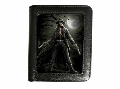 This rectangular black wallet is inset with a 3d image of a skeleton gunslinger, guns in both hands, a black leather duster coat blowing in the wind behind him, full moon and circling crows above him