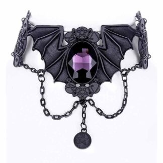 Around a central faceted purple stone stetch bat wings. Above and below the gem there is pentagrams and a single pentagram in a disc hangs on a chain from the centre. The whole choker is a matt black metal