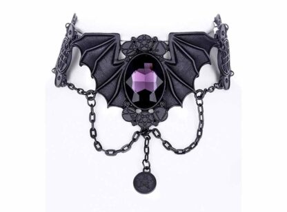 Around a central faceted purple stone stetch bat wings. Above and below the gem there is pentagrams and a single pentagram in a disc hangs on a chain from the centre. The whole choker is a matt black metal