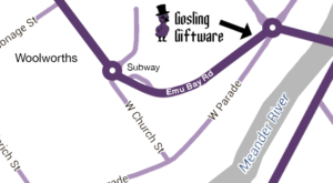 A map showing the location of Gosling Giftware - down by the bottom roundabout on Emu Bay Road