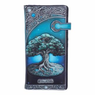 The front of the purse is dominated by a tree with lush foliage and a swirling trunk and gnarled roots. A celtic design decorates the top and bottom of the image and the words Tree of Life are embossed at the bottom
