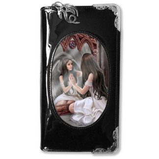 Rendered in 3d this purse features an image of a girl staring into a magic mirror with a gothic frame - she touches her reflection which shows she has hidden angel wings revealed by the mirror.