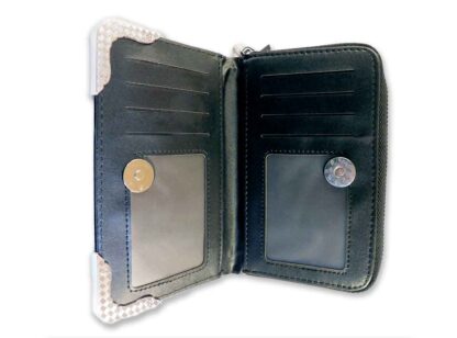 Inside the silver edged front flap are 4 card slots and two clear pouches
