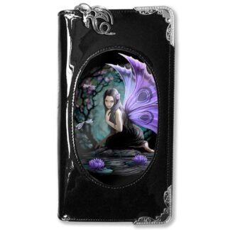 The front of this purse features a naiad nymph with purple butterfly wings and a black flowing gown. She stares at the view in front of a calm pond with purple lillies floating on its surface.