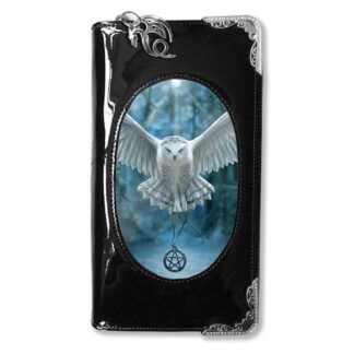 This purse has a front panel featuring a snowy white owl flying towards you, a pentagram on a chain clasped in its claws. The owl is flying out of a blue and grey forest.
