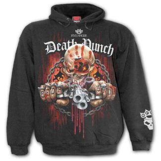 This hoodie has the words Five Finger Death Punch inscribed at the top - the central image is a grinning skull with pointed teeth and a bloody red handprint over its skull holding two guns sideways, one barrel on top of the other. A chain encircles the whole image with a red and orange backdrop.