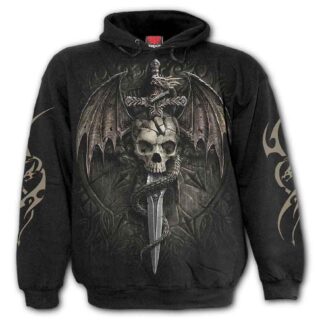 Black hoodie - in grey there is an image of a skull impaled on a sword which has a dragon wrapped around it. The dragons wings stretch the full width of the hoodie chest. Tribal dragon patterns are printed in silver on the sleeves